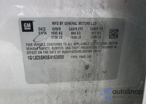 2014 Chevrolet Sonic Lt из США, поврежденный, VIN 1G1JC5SH3E4163858